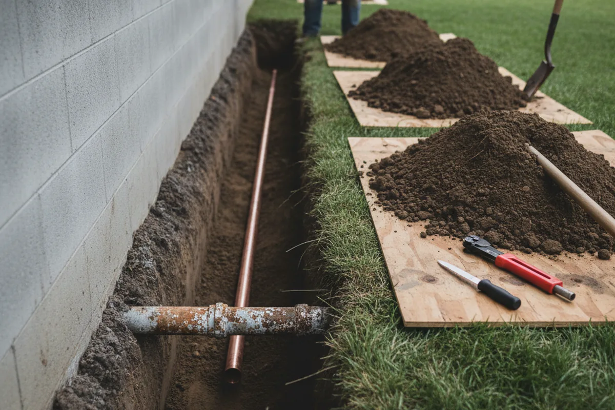 Excavated water line trench during Water Softener Installation in Weir